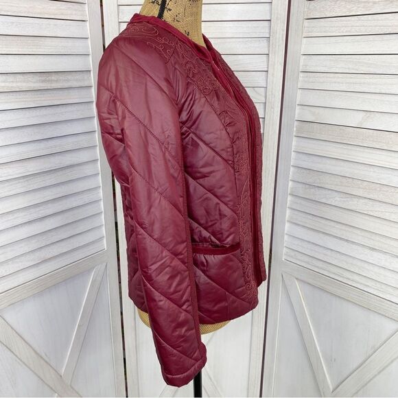 Zenergy by Chico’s Quilted Embroidered Puffer Moto Jacket Maroon Red Small - Picture 3 of 16